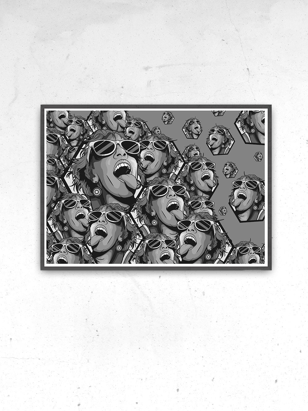 Rave Girl Monochrome Vector Illustration Print in a frame on a wall