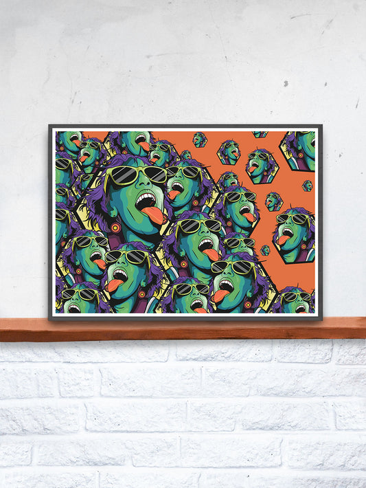 Rave Girl Orange Illustration Print in a frame on a shelf