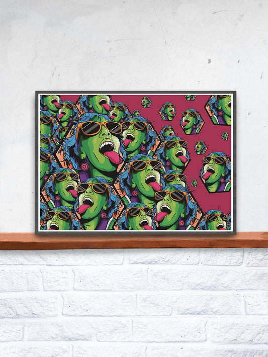 Rave Girl Vector Illustration Print in a frame on a shelf