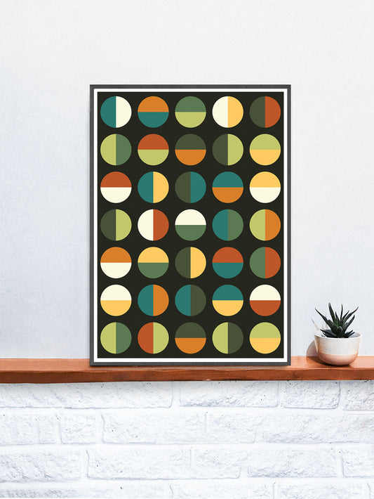 Retro Binary Retro Colours 1970s Print in a frame on a shelf