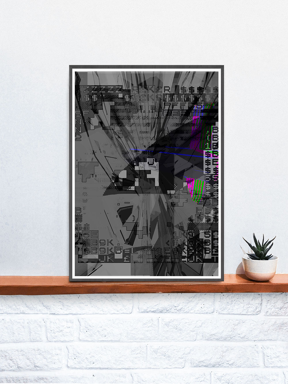 Shut Down Digital Abstract Art Print in a frame on a shelf
