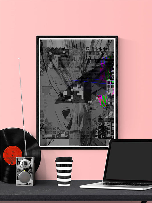 Shut Down Digital Abstract Art Print in a frame on a wall