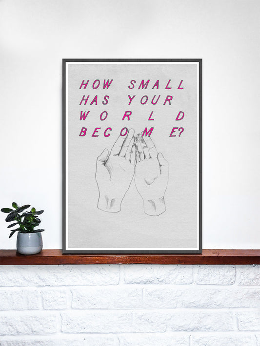 Small World Contemporary Illustration Print in a frame on a shelf