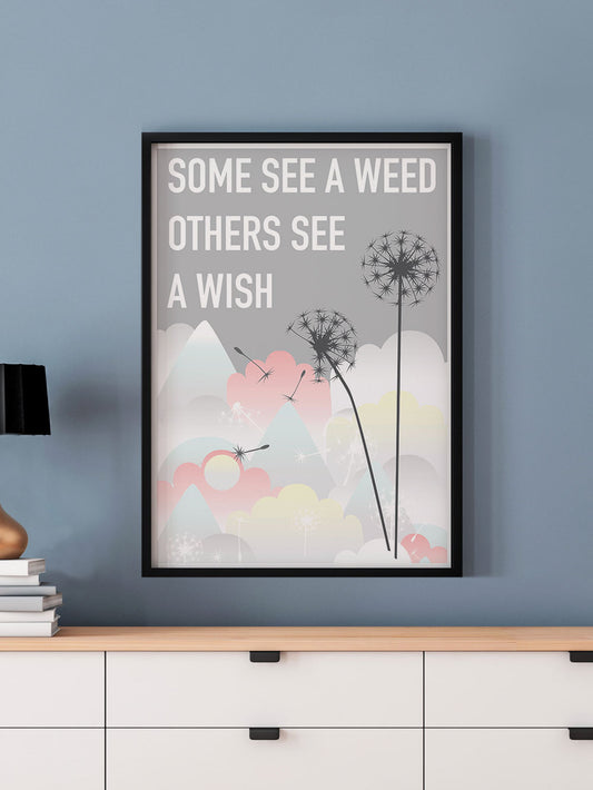 Weed and Wish Dandelion Botanical Print in a frame on a blue wall