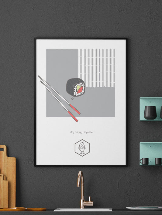 Soy Happy Together Sushi Wall Art in a frame on a kitchen wall