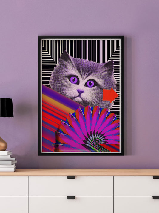 Fe-Line Stripey Cat Print in a frame on a wall