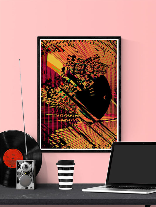 Sunbeam Sunset Abstract Glitch Art in a frame on a wall