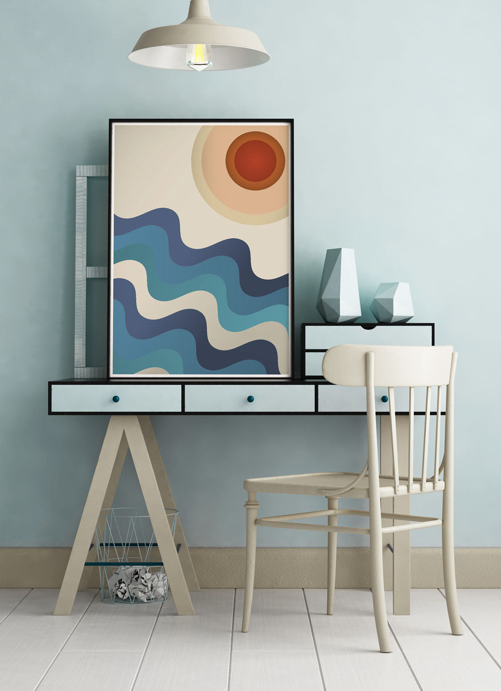 Sunshine Ocean Retro Art Print on a small desk
