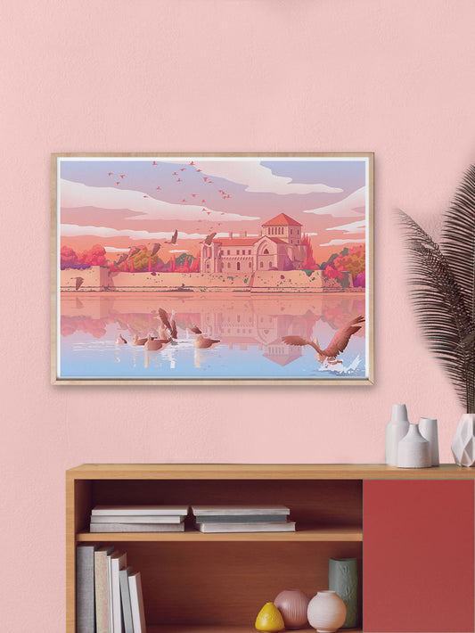 Tata Castle Hungary Landscape Illustration