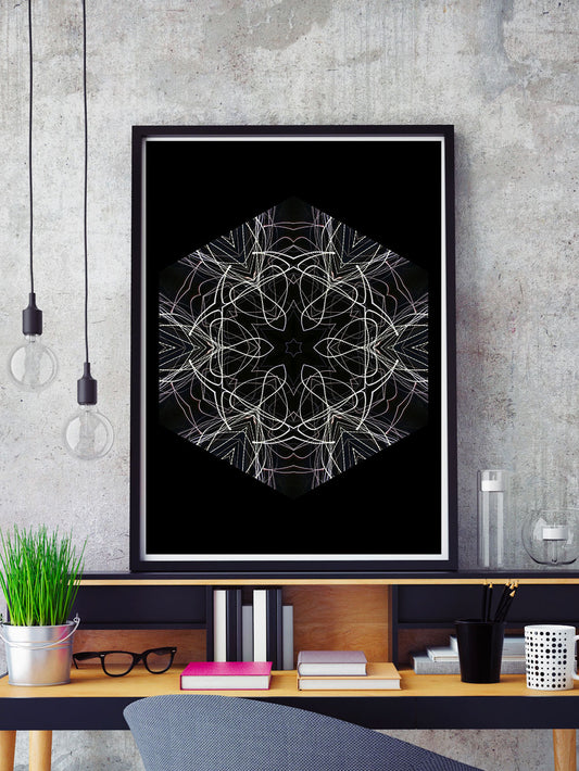 Tesla Pattern Print in a frame on a shelf