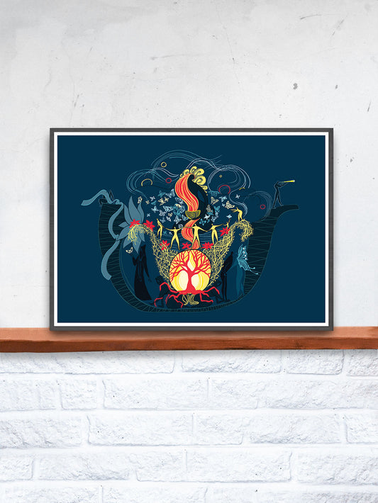 The Arc Illustration Graphic Print in a frame on a shelf
