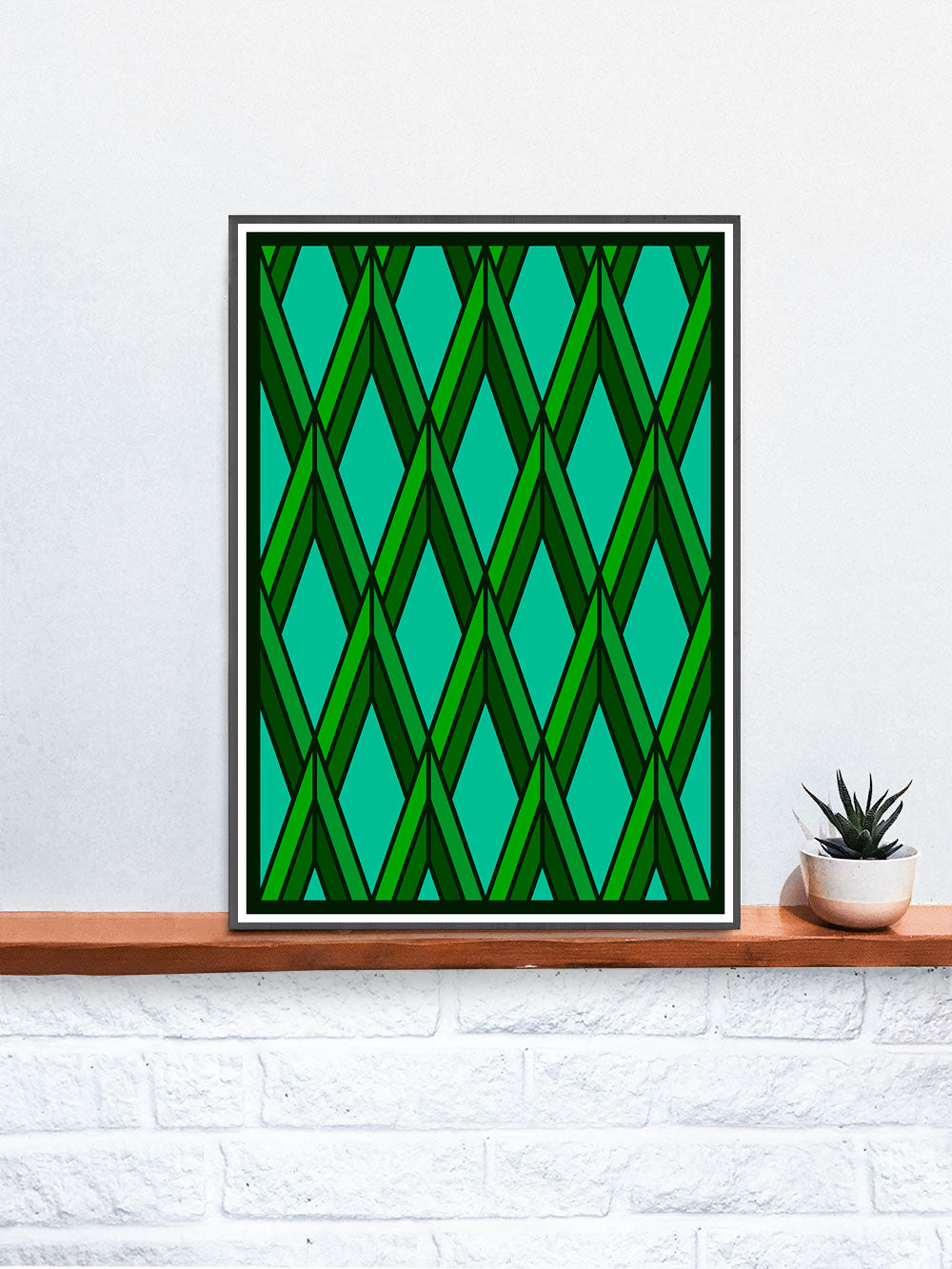 The Forest Green Geometric Art Print on a Shelf
