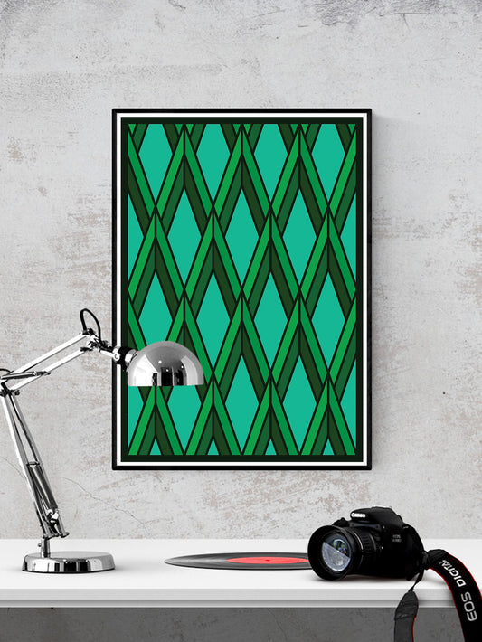 The Forest Green Geometric Art Print in a frame on a wall