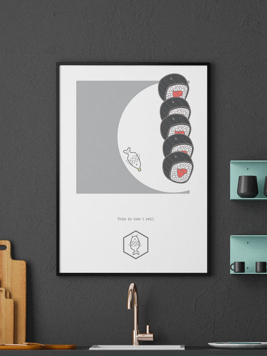 This is How I Roll Food Art Print in a frame on a kitchen wall