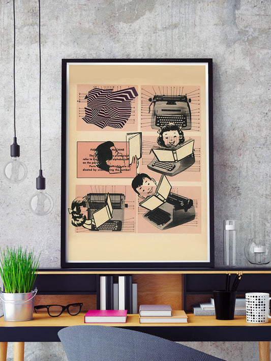Typewrong Song Retro Poster in a frame on a shelf