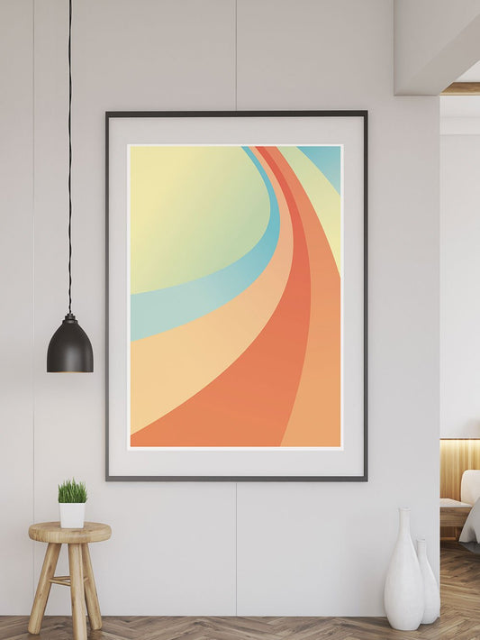 Uber Rainbow Minimal Art Print installed in a hotel
