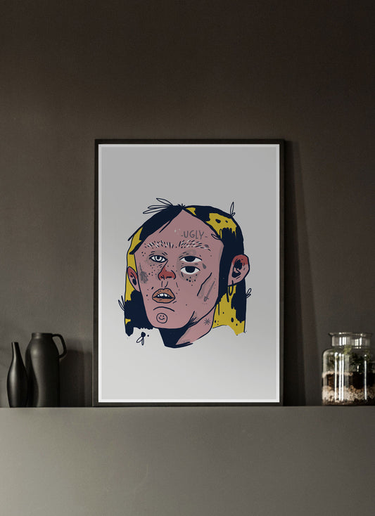 Ugly Boy Portrait Drawing Print in a dark room