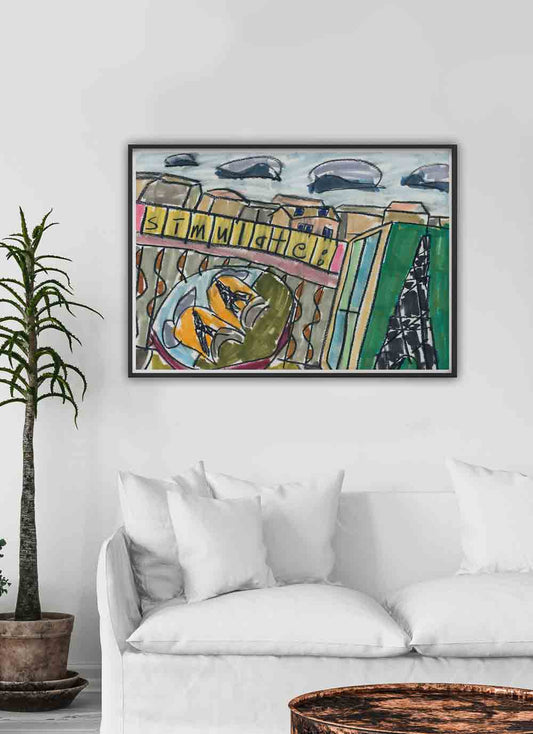 City XII Illustration Art Print in a Traditional Room Interior