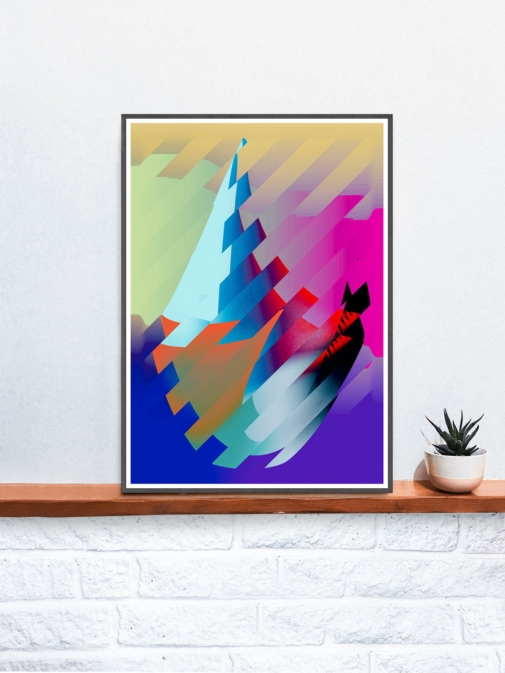 Aquaslide Glitch Art Print in a frame on a shelf