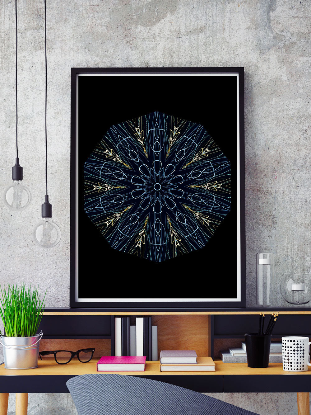 Asimov Kaleidoscope Print in a frame on a shelf