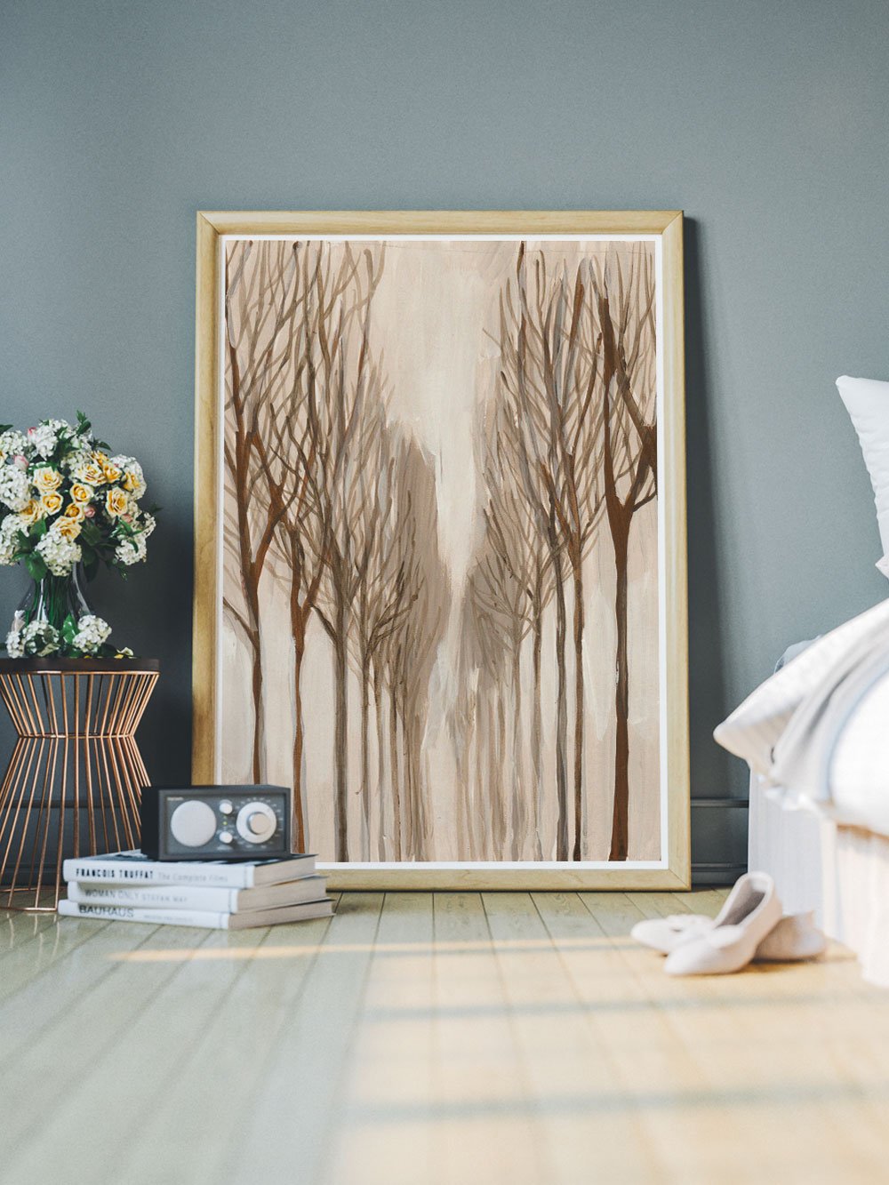 Benhampton Road Woodland Tree Print in a modern bedroom