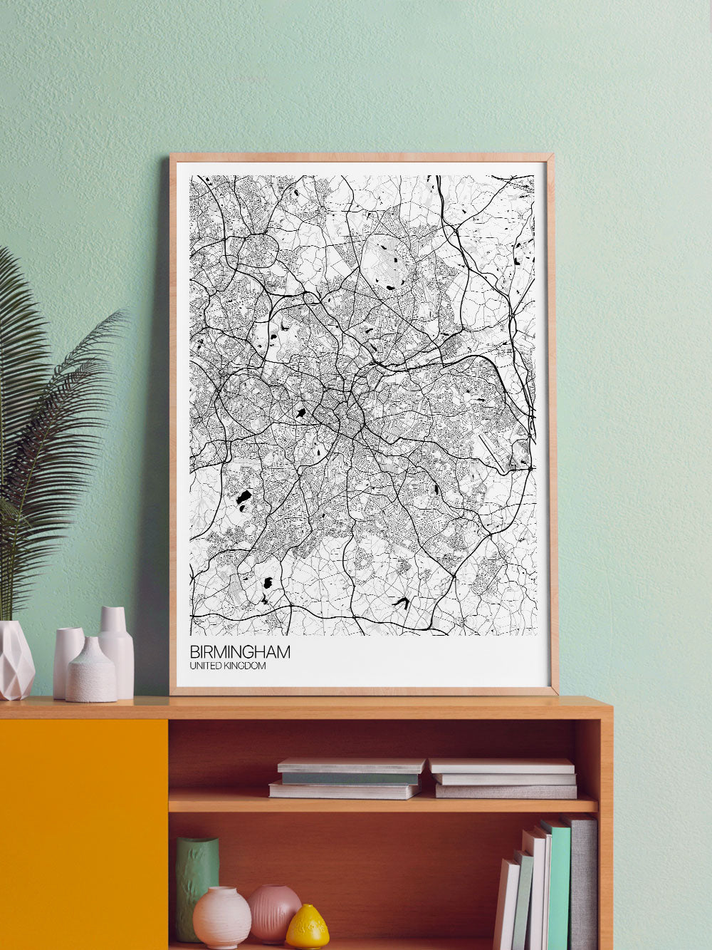 Birmingham UK Map Art in a frame on a shelf