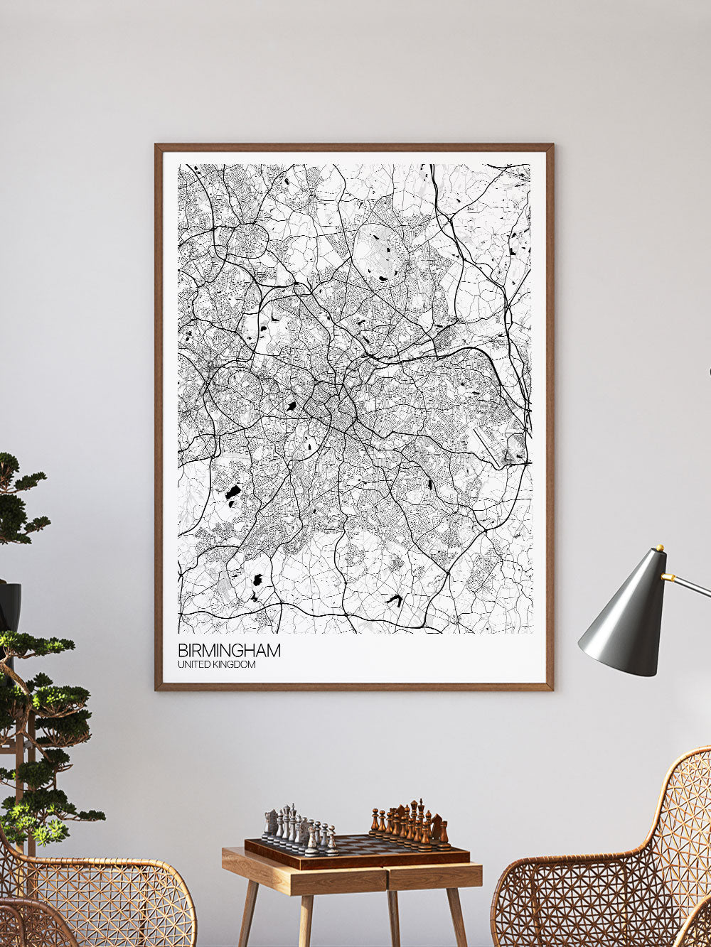 Birmingham UK Map Art in a frame on a wall