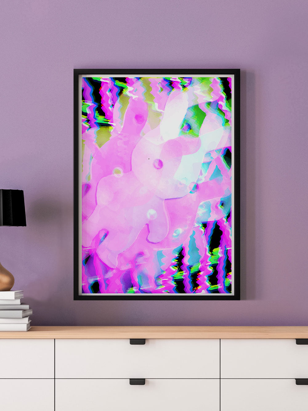 Bunny Pop Pink Abstract Print in a frame on a wall