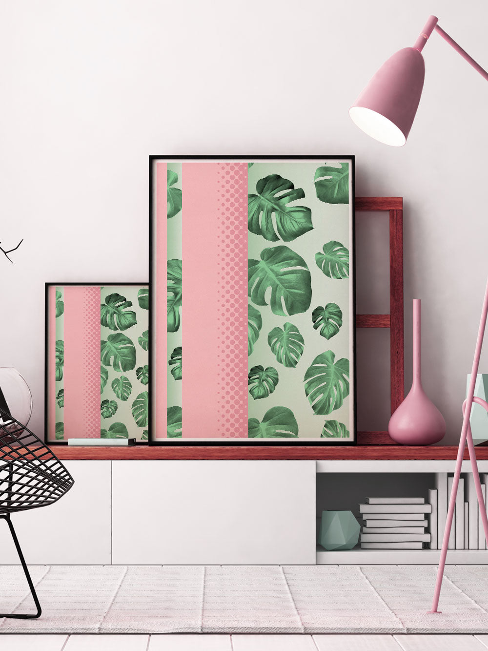 Stylish and contemporary Cheese Plant Botanical Art Prints in a room
