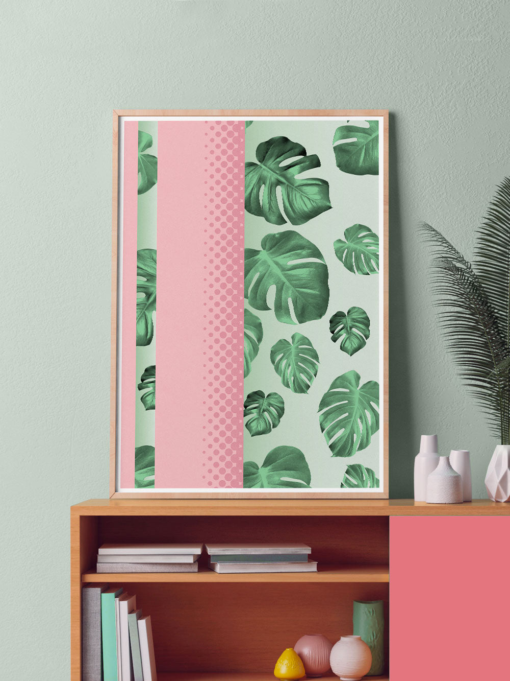 Cheese Plant Botanical Art Print stylishly placed on a sideboard