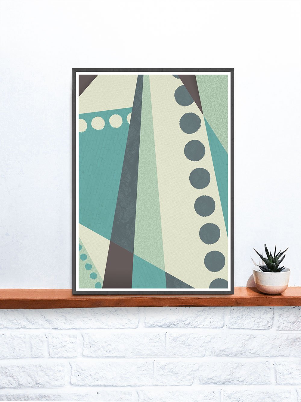 Cold Green Geometric Abstract Style Print on a shelf