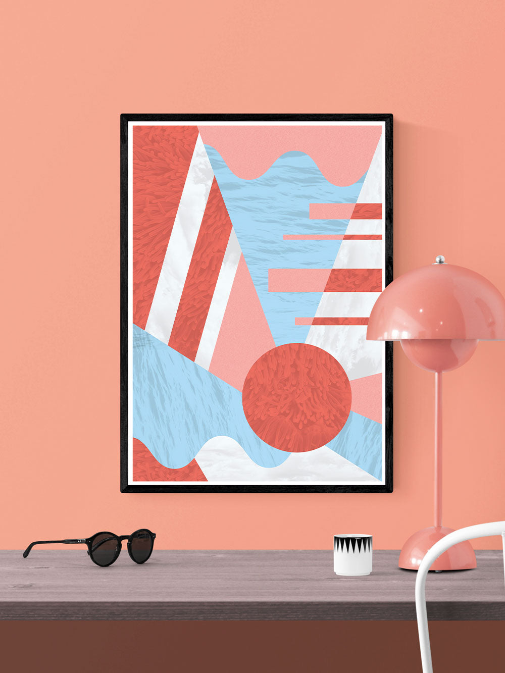 Coral Reef Geometric Print in a frame on a wall