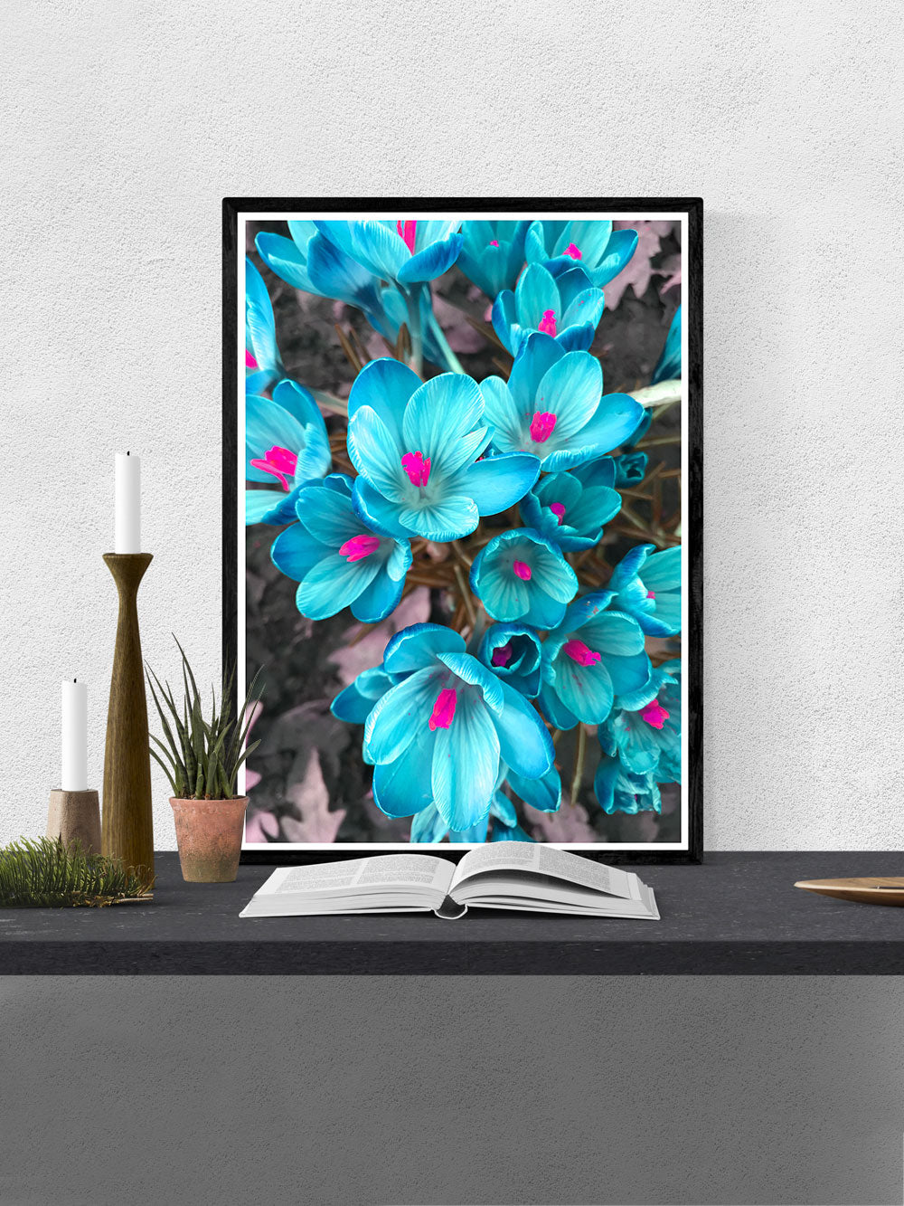 Crocus Blue Flower Art Print in a frame on a wall