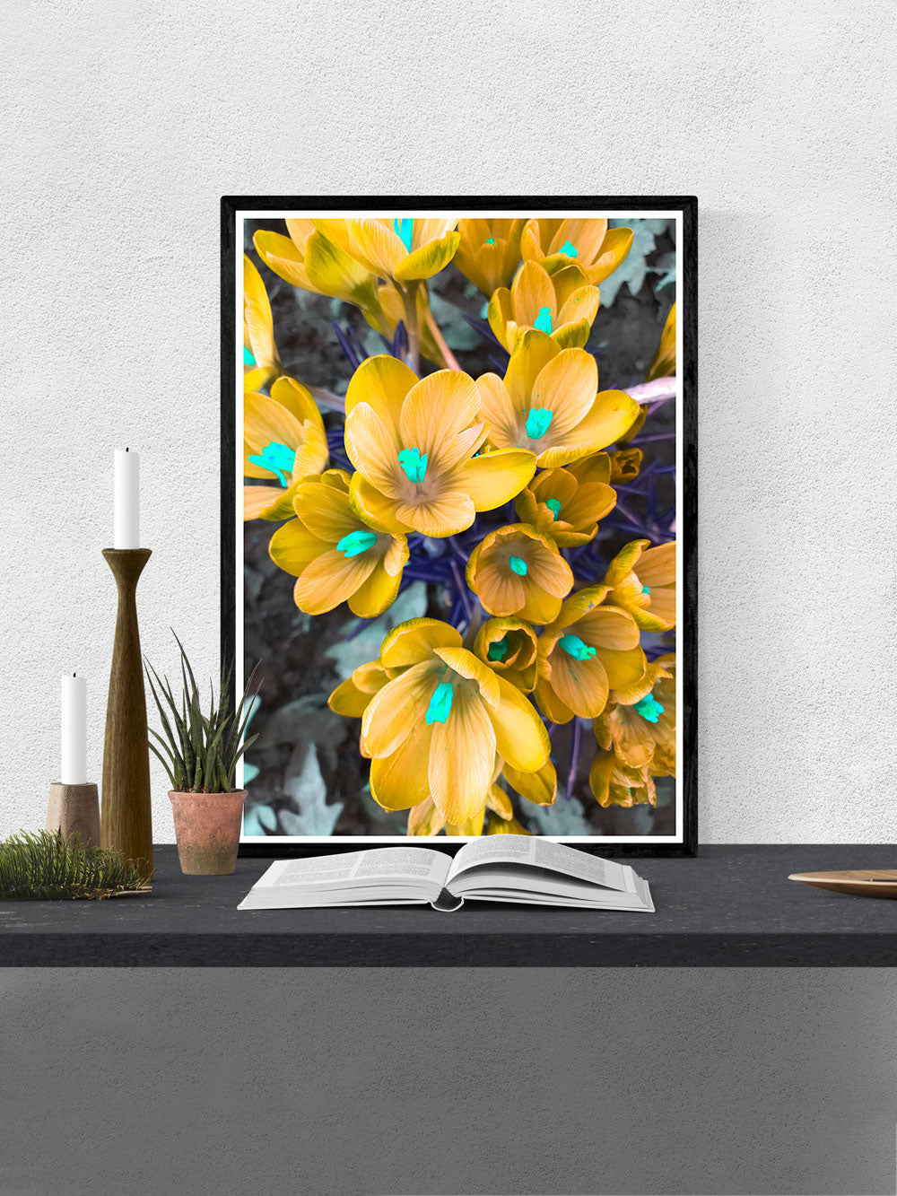 Crocus Yellow Flower Art Print in a frame on a wall