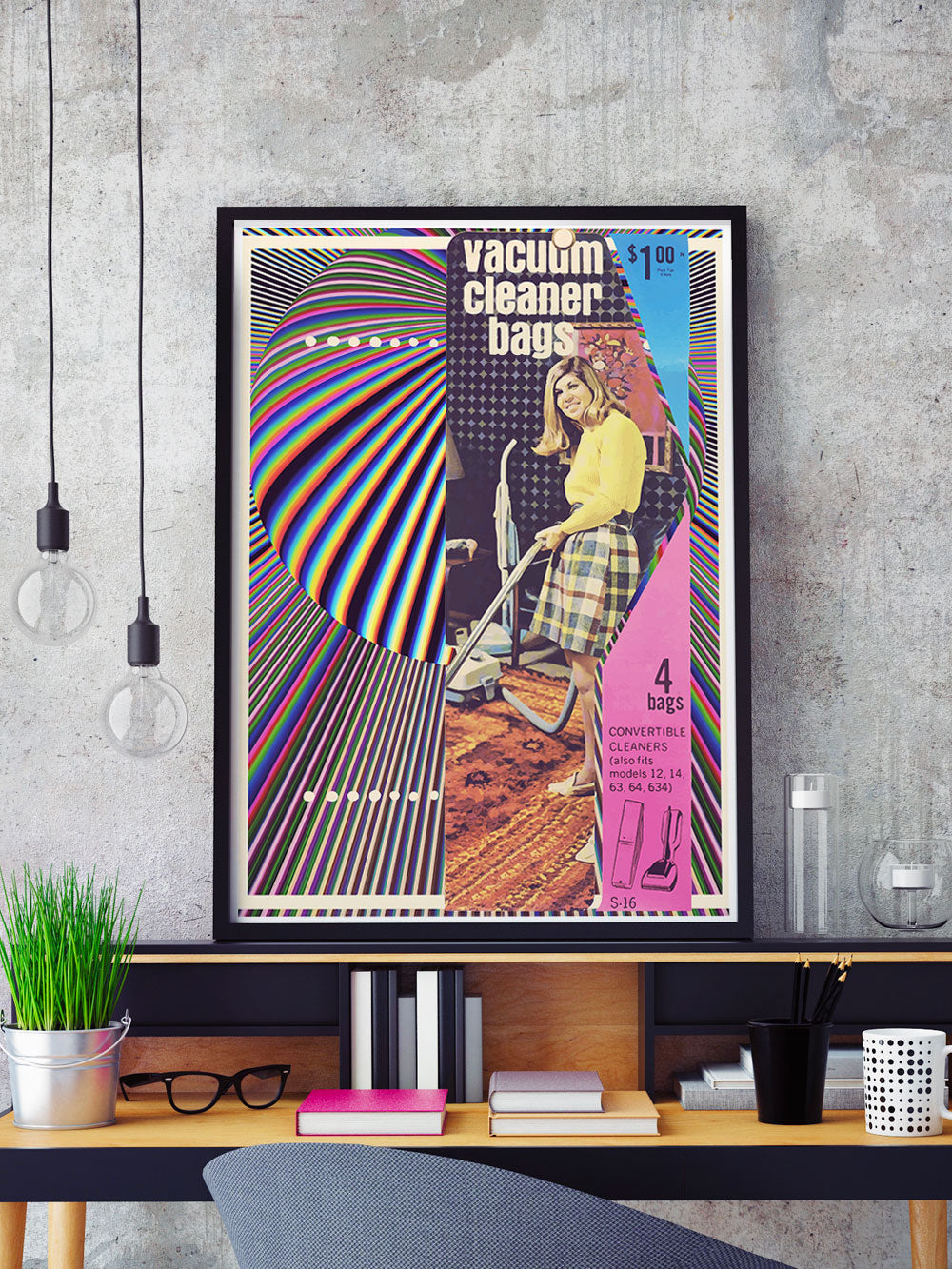 Cut and Paste Rug Retro Print in a frame on a shelf