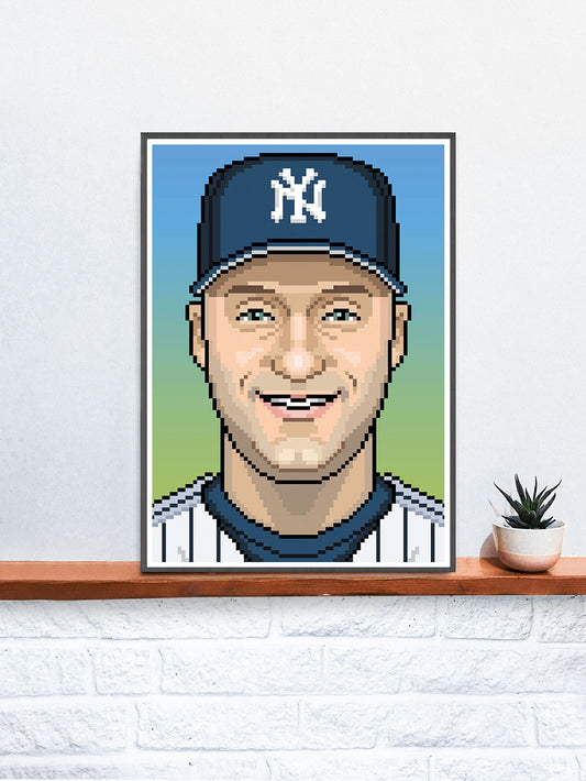 Derek Illustration Baseball Art Print in a frame on a shelf