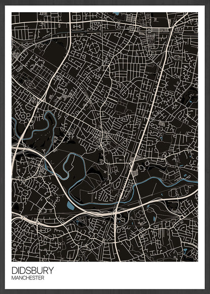 Didsbury Manchester Map Print in a black frame