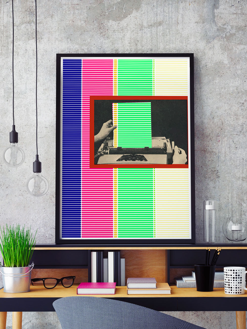 Dotted Line Matrix Retro Art Print in a frame on a shelf