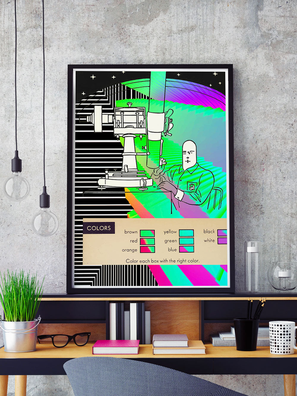 Eye Spy Science Collage Art Print in a frame on a shelf