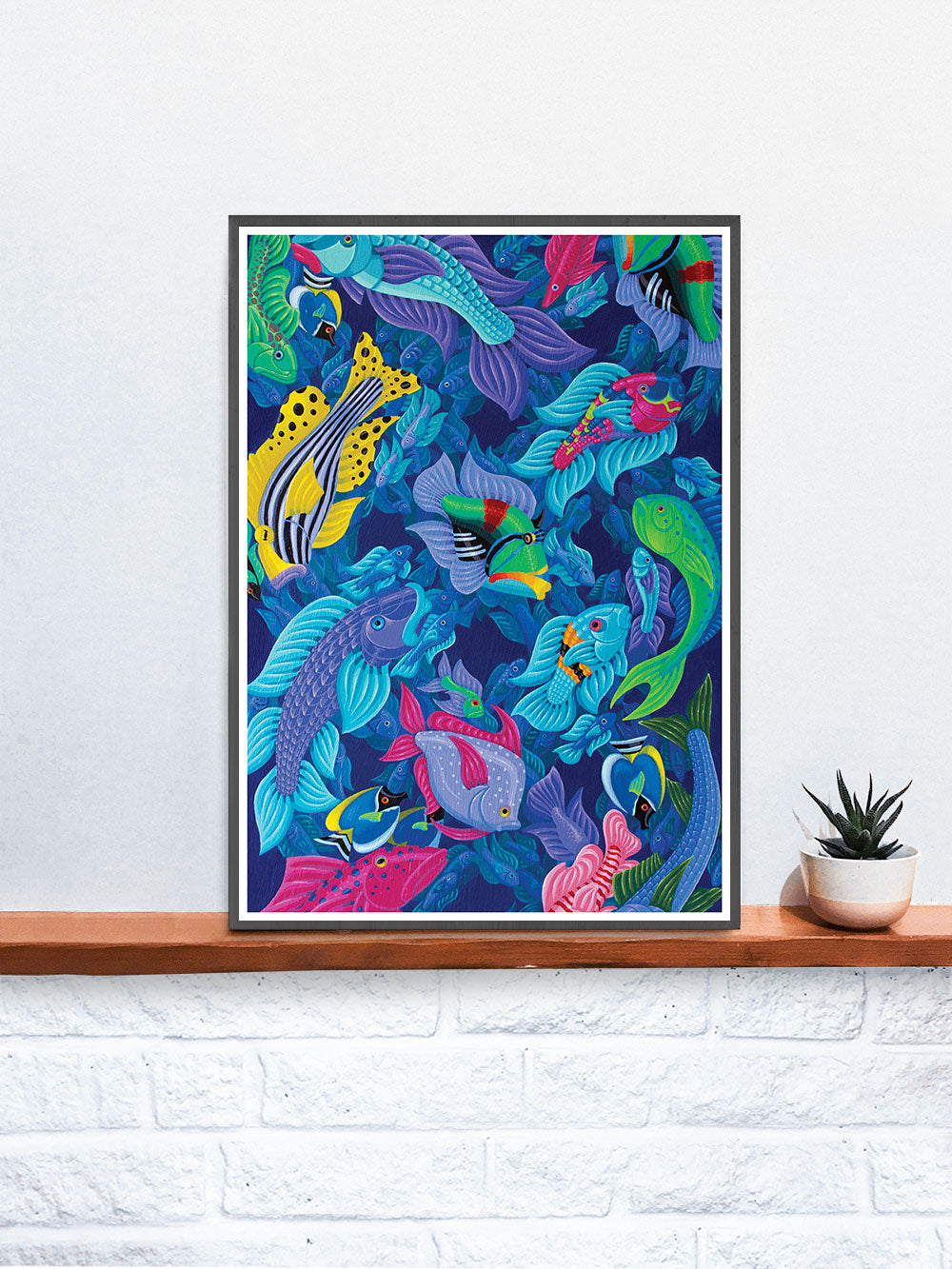 Fish Art Print in a frame on a shelf
