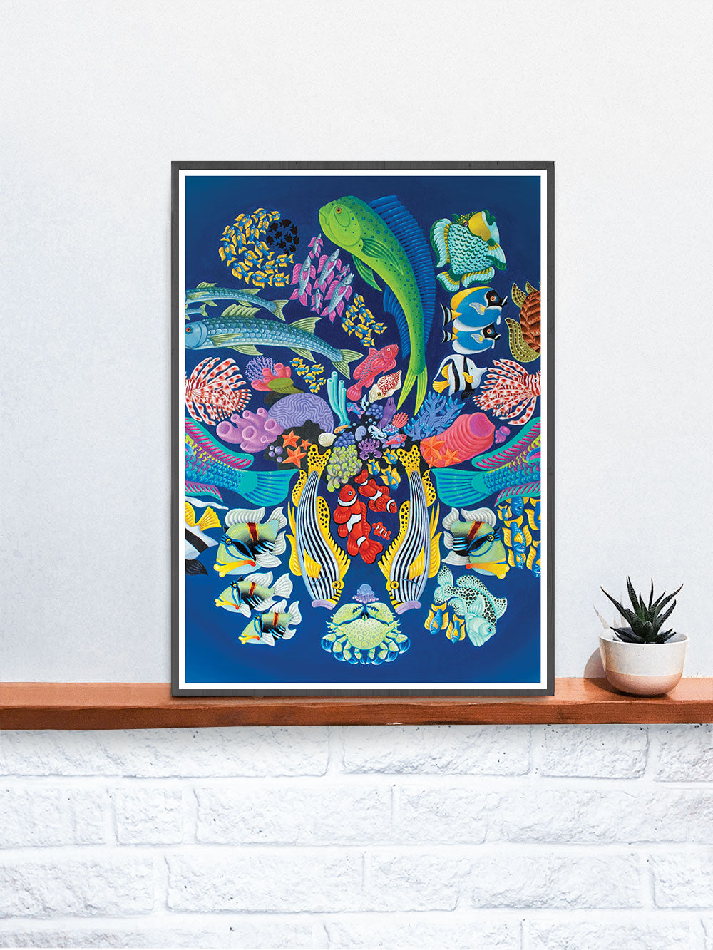 Fishanocci Sea-Life Art Print in a frame on a shelf