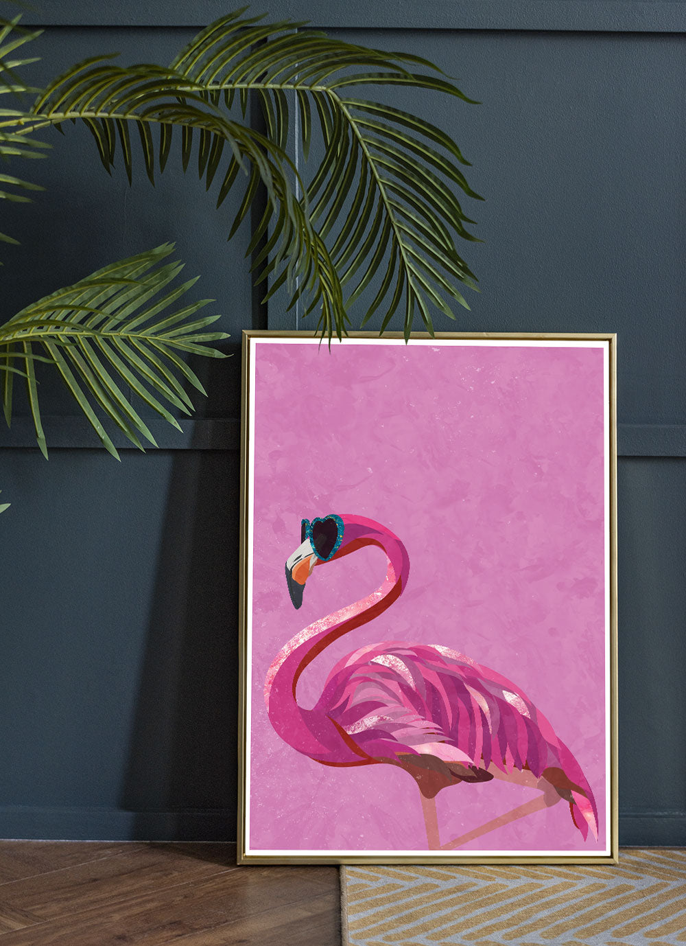 Funky Flamingo Art Print by Sarah Manovski in a retro room with a house plant