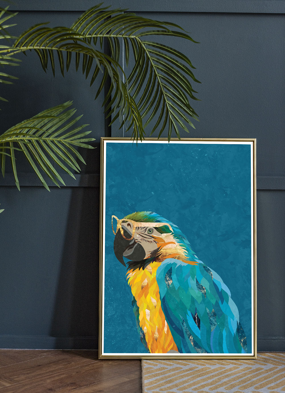 Funky Parrot Art Print by Sarah Manovski in a eclectic room with posh panels and house plant