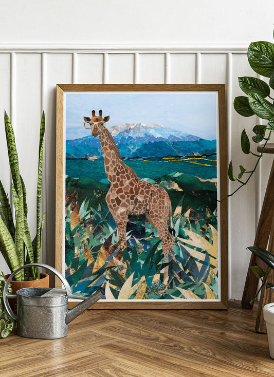 Giraffe in the Wild Art Print by Sarah Manovski in a stylish room with house plants