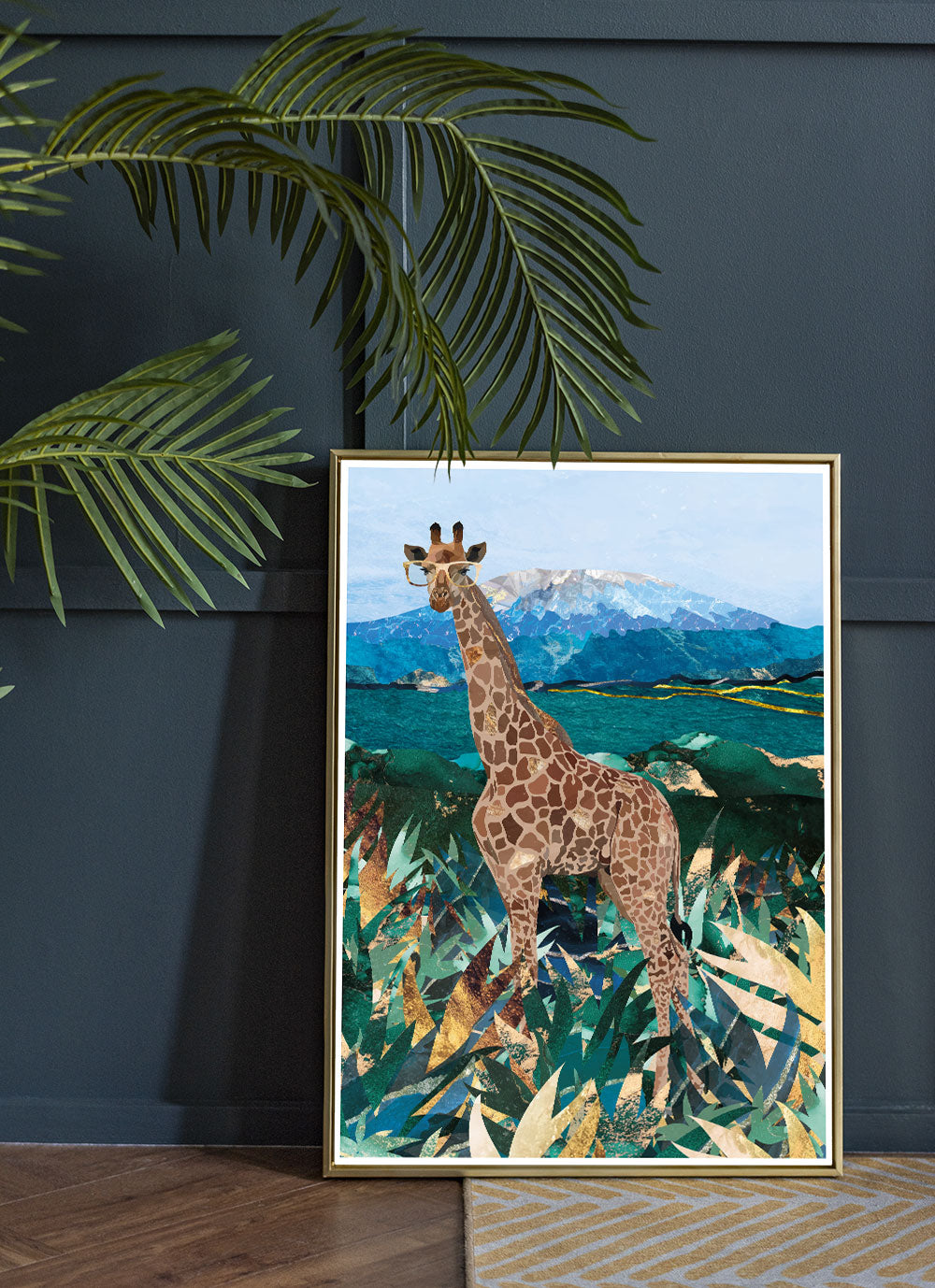 Giraffe in the Wild Art Print by Sarah Manovski in a trendy room with blue panelling on the wall