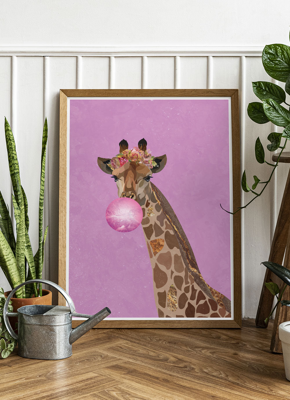 Giraffe Pop Art Print by Sarah Manovski with house plants in a modern room