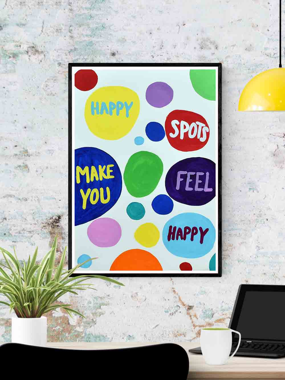 Happy Spots Quirky Print in a frame on a wall