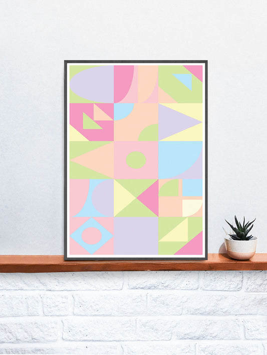 Ice Cream Shapes Abstract Geometric Art in a frame on a shelf