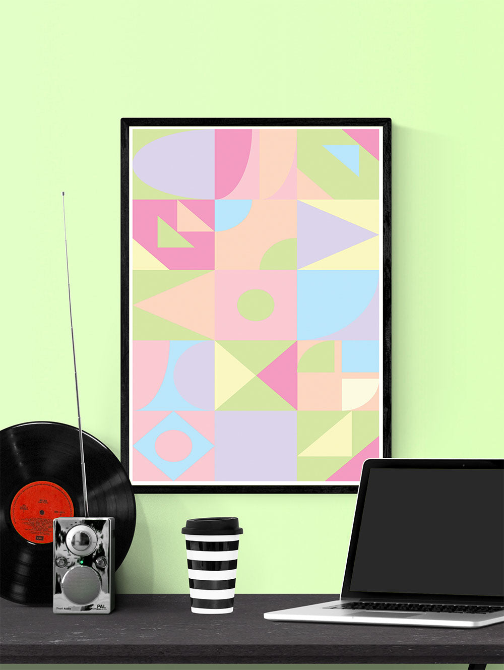 Ice Cream Shapes Abstract Geometric Art in a frame on a wall