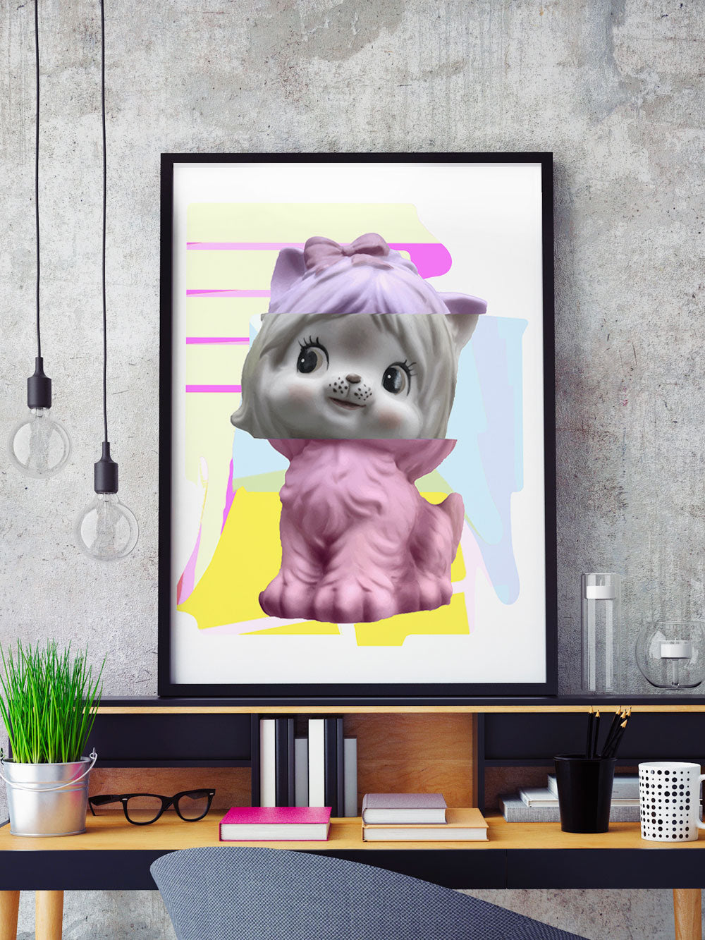 Kitty Splice 2 Glitch Print in a frame on a shelf